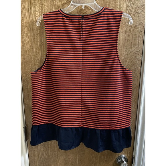 J. Crew Red and Navy Blue Striped Ruffle Hem Tank Top Size XL Button Back - Picture 2 of 11